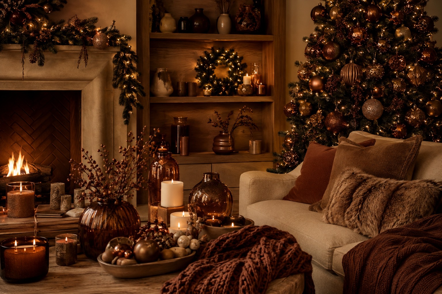 Salon de Noël 2026 dans des tons brun macchiato, cognac et caramel, avec bougies et matières chaleureuses.