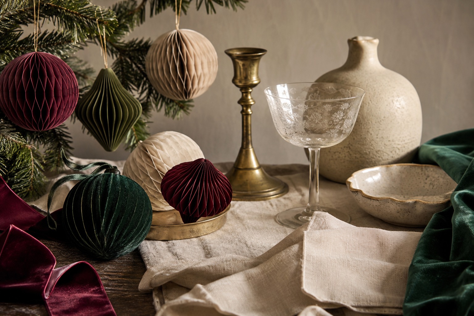 Matières tendance Noël 2026 : papier alvéolé, lin, verre gravé, céramique et laiton vieilli.