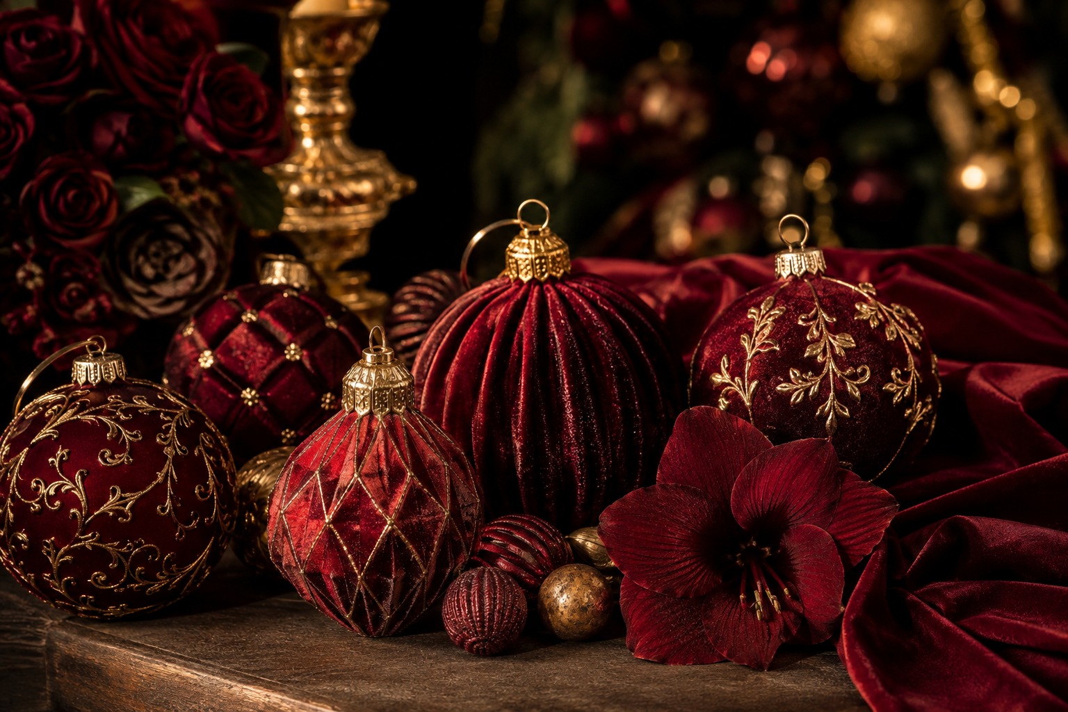 Nature morte de Noël 2026 en rouges profonds, velours bordeaux et détails dorés.