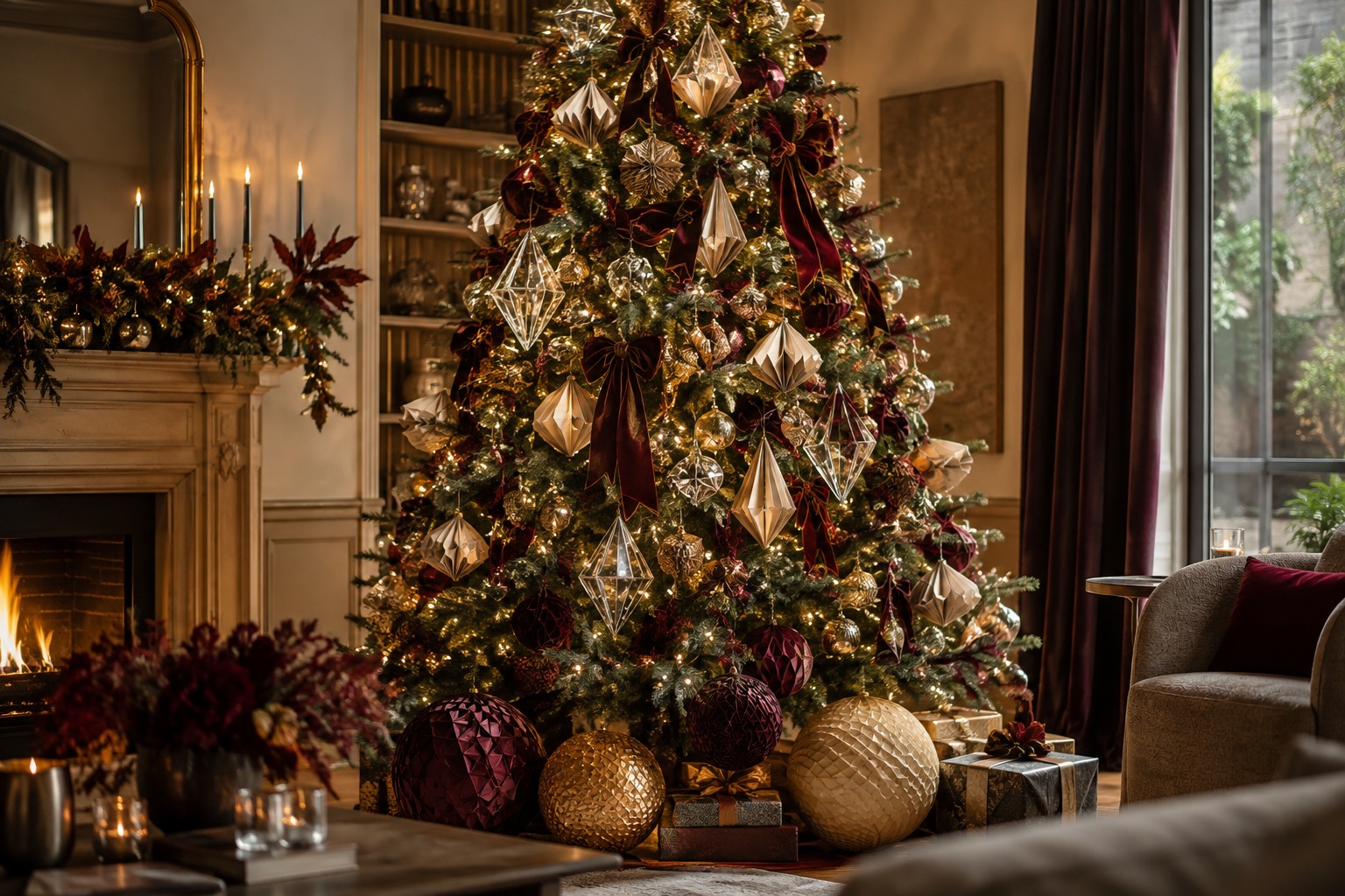 Sapin de Noël 2026 avec boules en verre transparent, ornements XXL et ambiance traditionnelle réinventée.