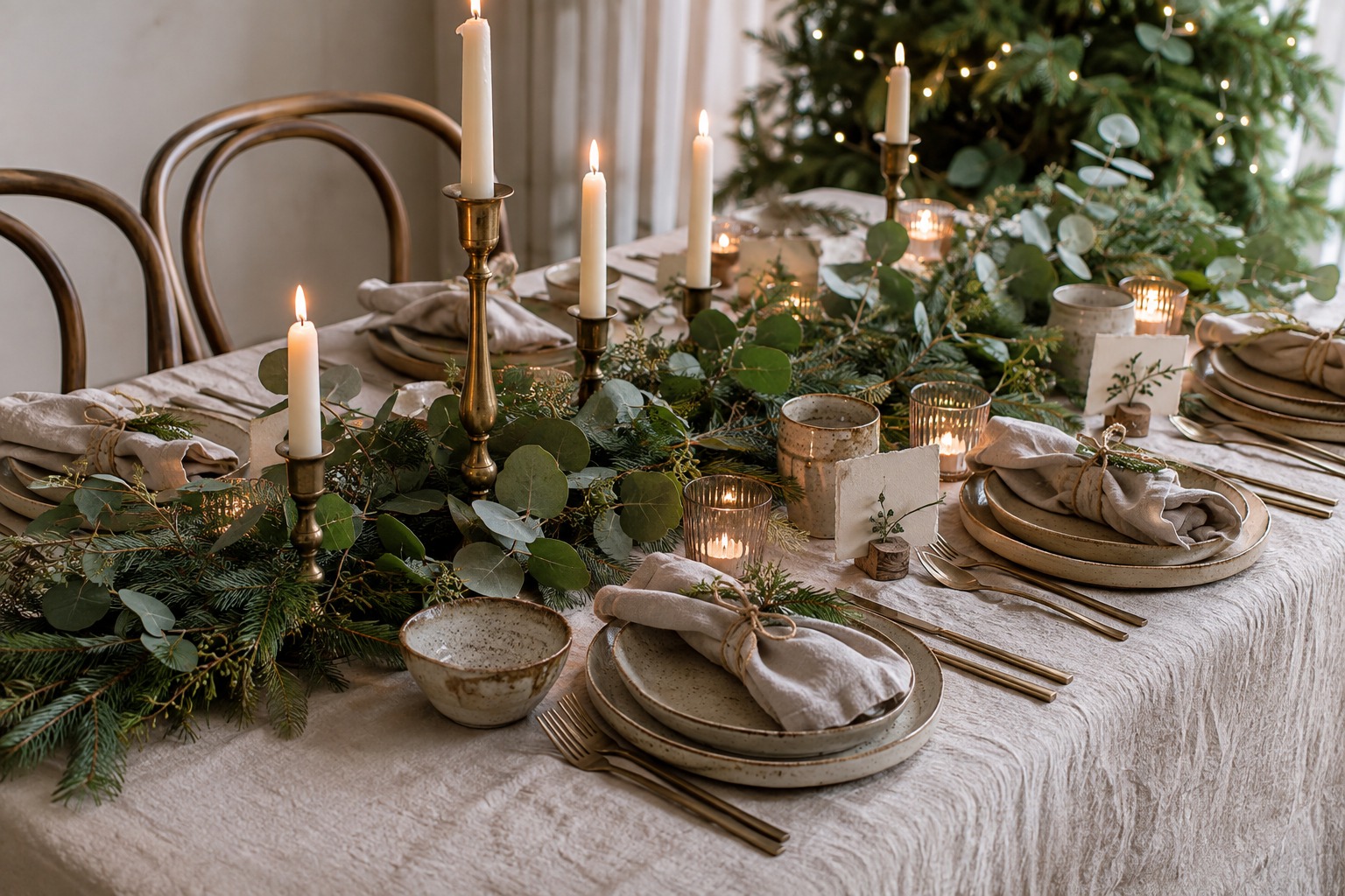 Table de Noël 2026 en lin froissé, céramique artisanale, bougies et chemin de table végétal.