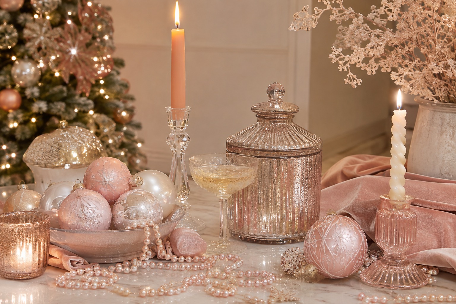 Décoration de Noël 2026 aux teintes poudrées, rose perle et verre délicat.