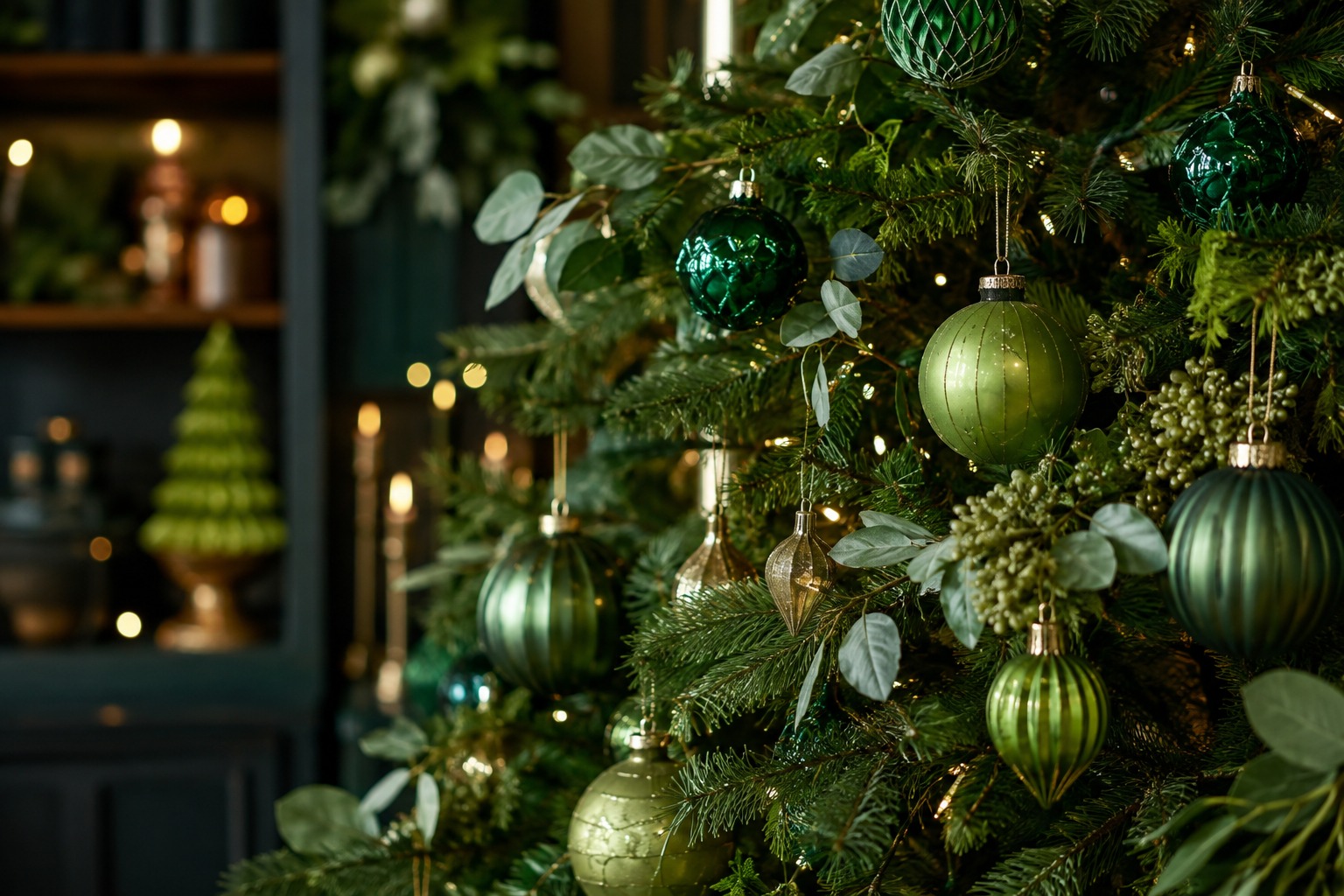 Détail de sapin de Noël 2026 en verts de forêt, vert mousse et ornements dorés.