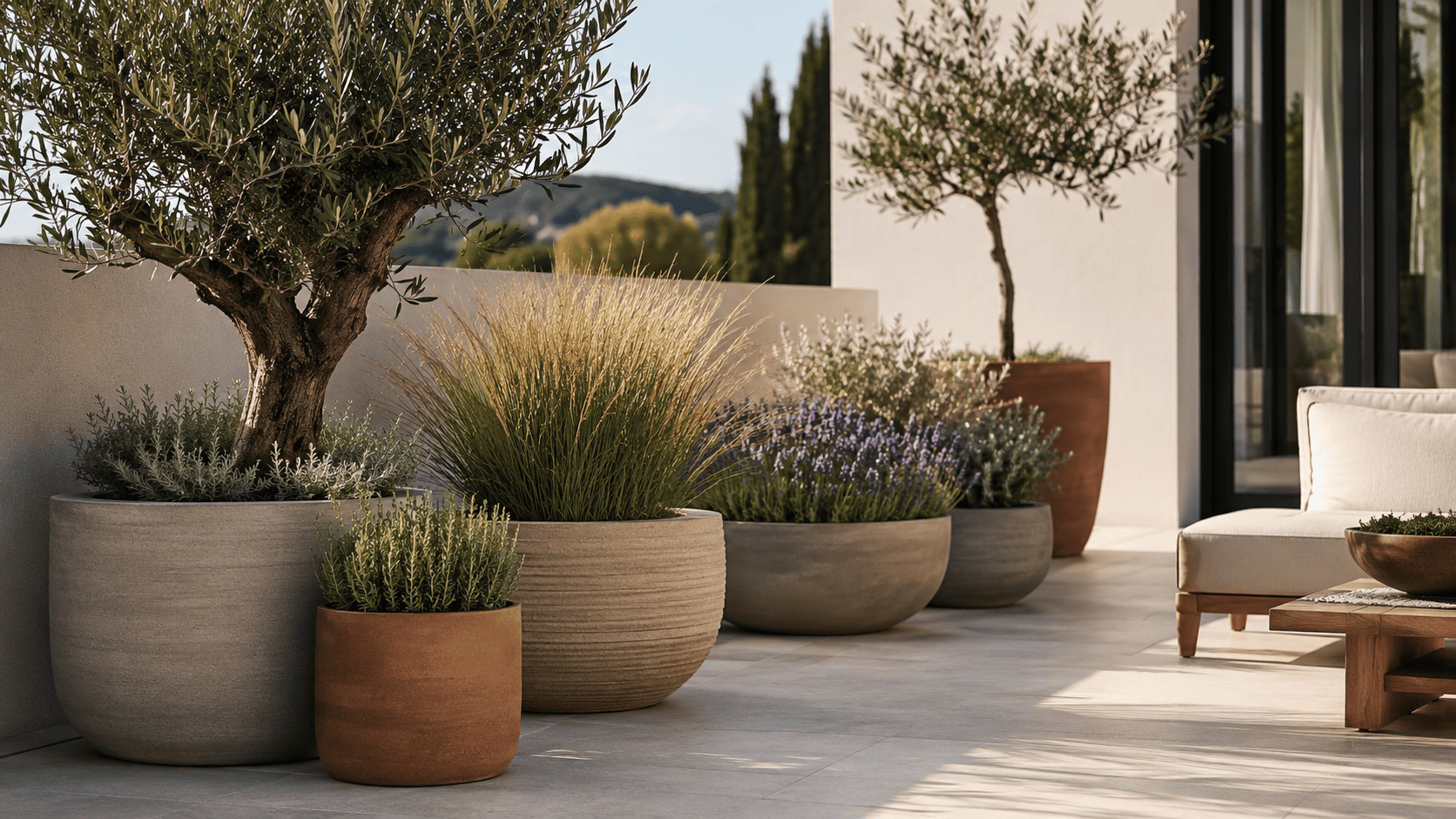 Terrasse 2026 avec grands cache-pots, plantes méditerranéennes, olivier, graminées et céramiques texturées.