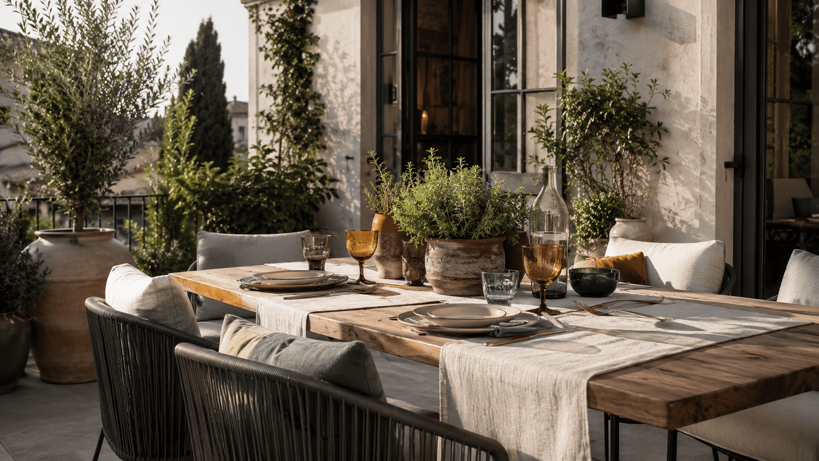 Coin repas sur terrasse contemporaine avec table extérieure, chaises confortables, vaisselle colorée et plantes en pots.