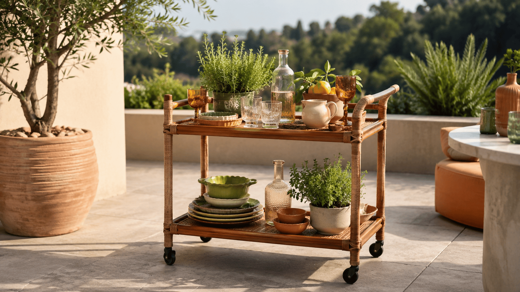 Terrasse avec petit bar extérieur, desserte, vaisselle, plantes aromatiques et décoration conviviale.