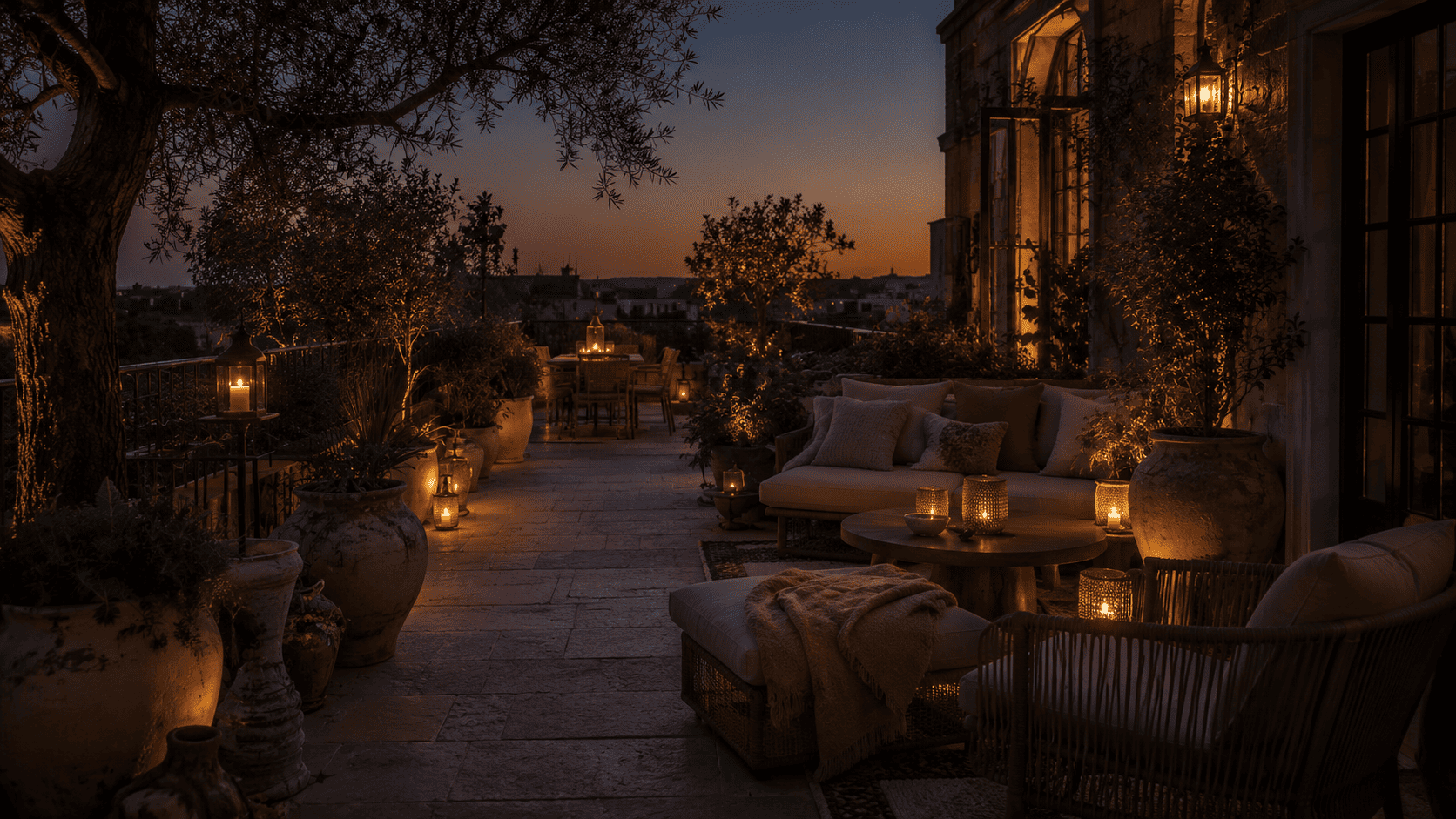 Terrasse du soir avec lanternes, lampes solaires, photophores et lumière chaude autour d’un salon extérieur.