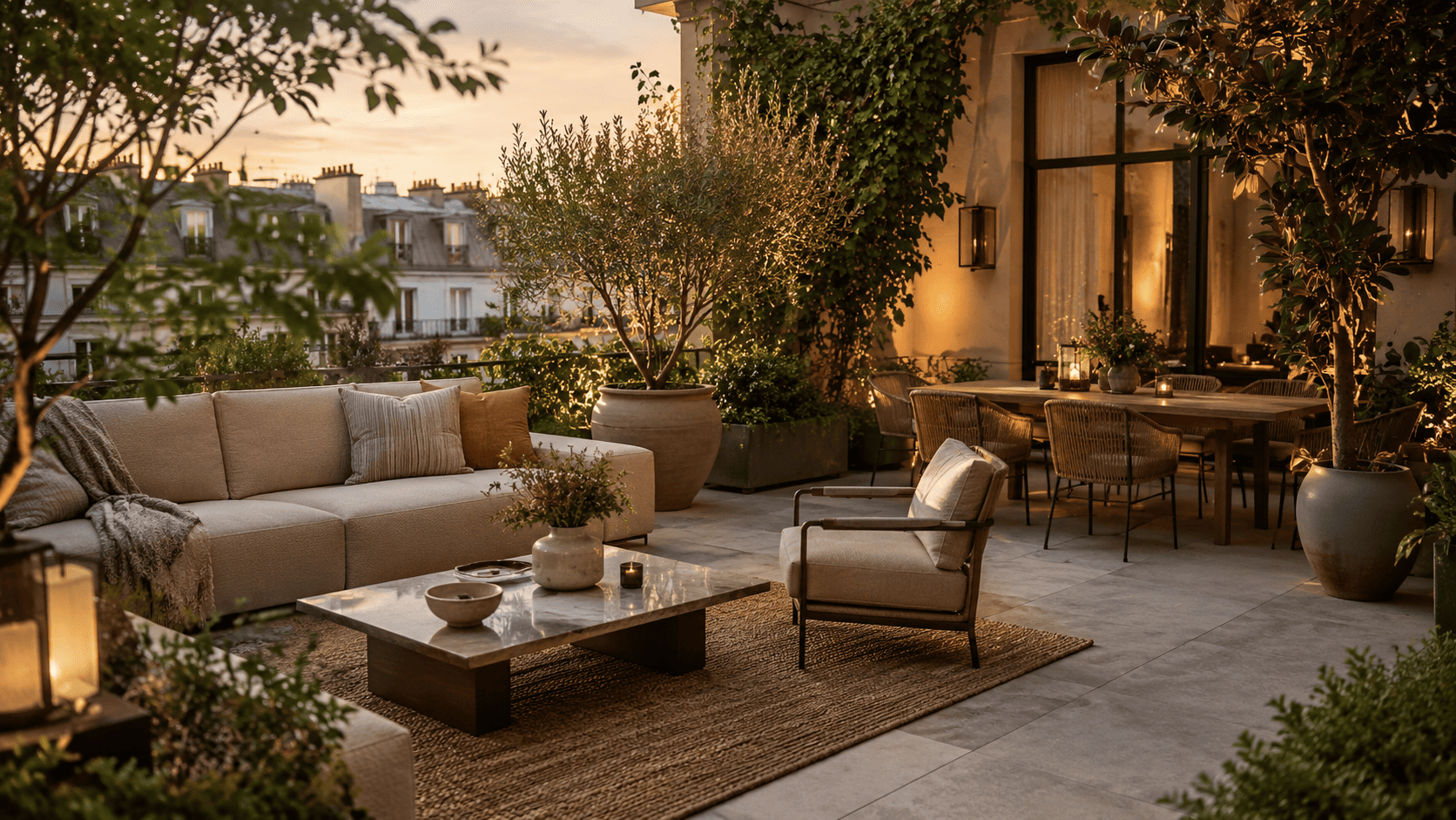 Terrasse 2026 chaleureuse et contemporaine transformée en pièce extérieure avec salon, table, plantes et éclairage doux.