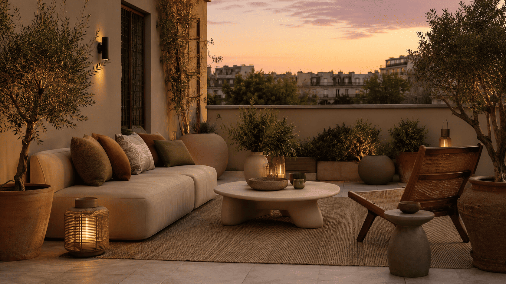 Terrasse contemporaine 2026 aménagée comme une pièce extérieure avec canapé bas, table basse, cache-pots, tapis et lumière douce.