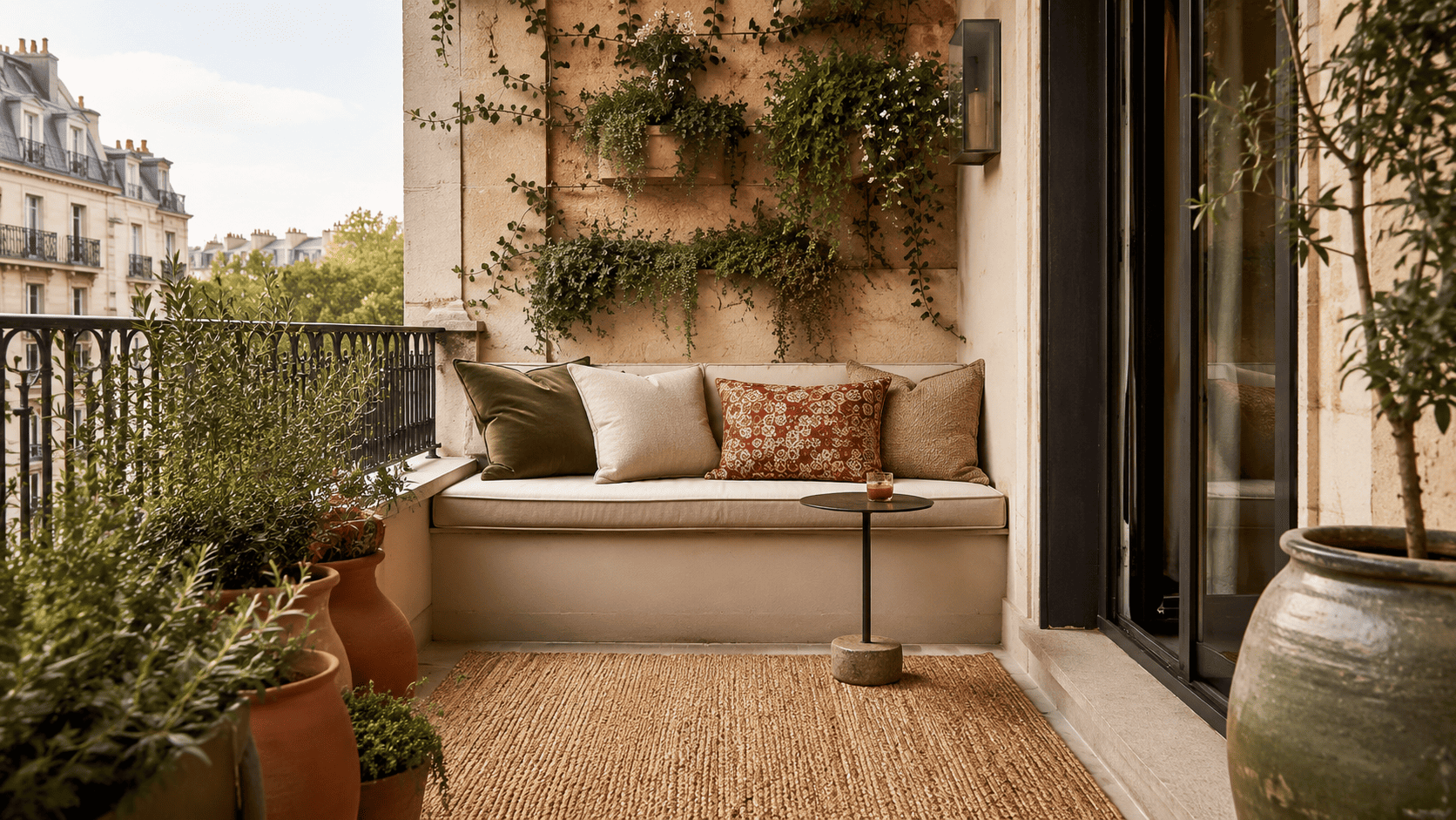 Petite terrasse ou balcon 2026 aménagé avec banquette compacte, table d’appoint, tapis extérieur et plantes en cache-pots.