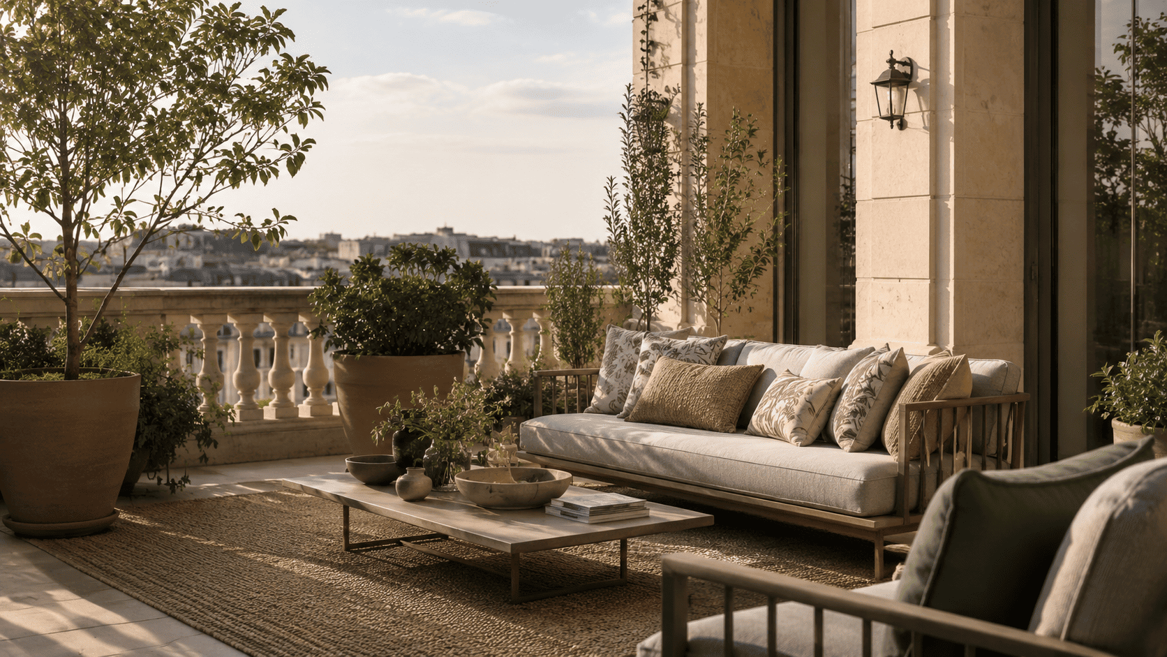 Salon de terrasse 2026 avec assises confortables, coussins texturés, table basse et cache-pots design.