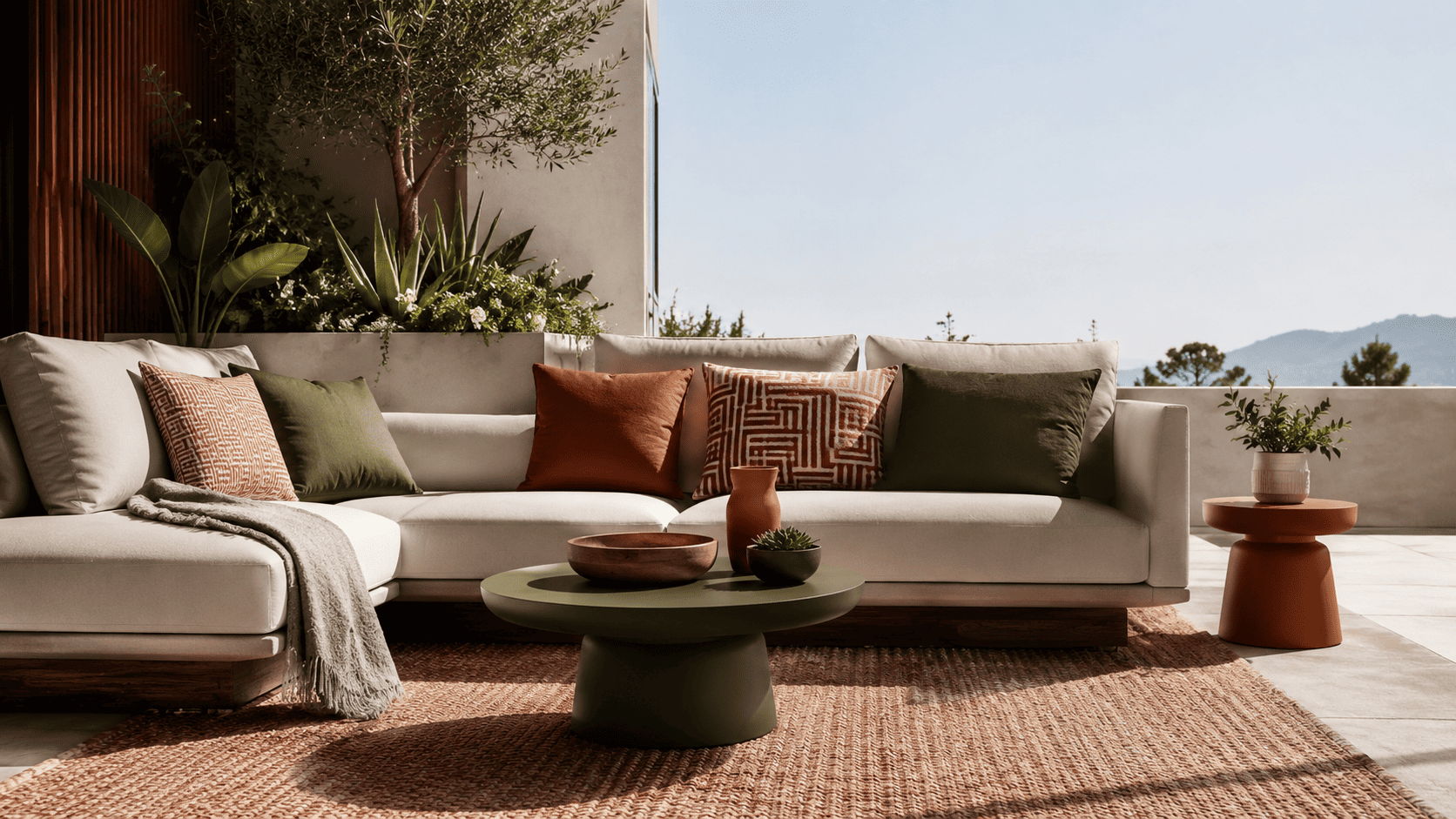 Terrasse contemporaine avec tapis extérieur, coussins graphiques, plaid léger et palette terracotta olive beige.