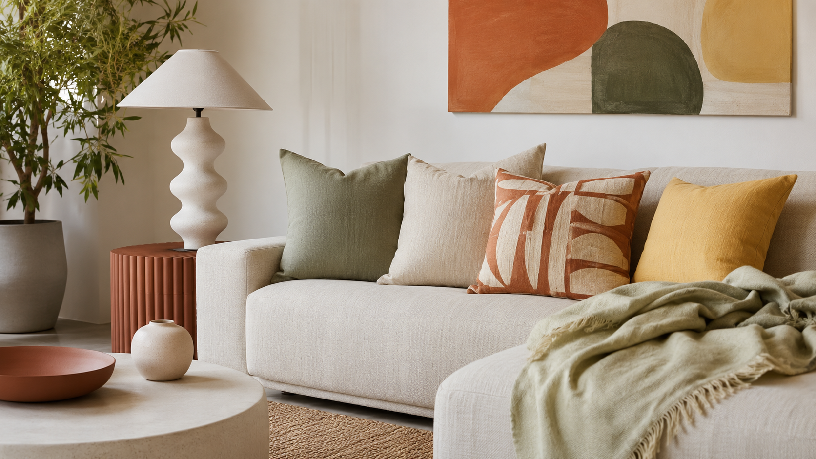 Canapé contemporain avec coussins en lin, plaid léger et motifs graphiques pour rafraîchir la décoration avant les vacances.