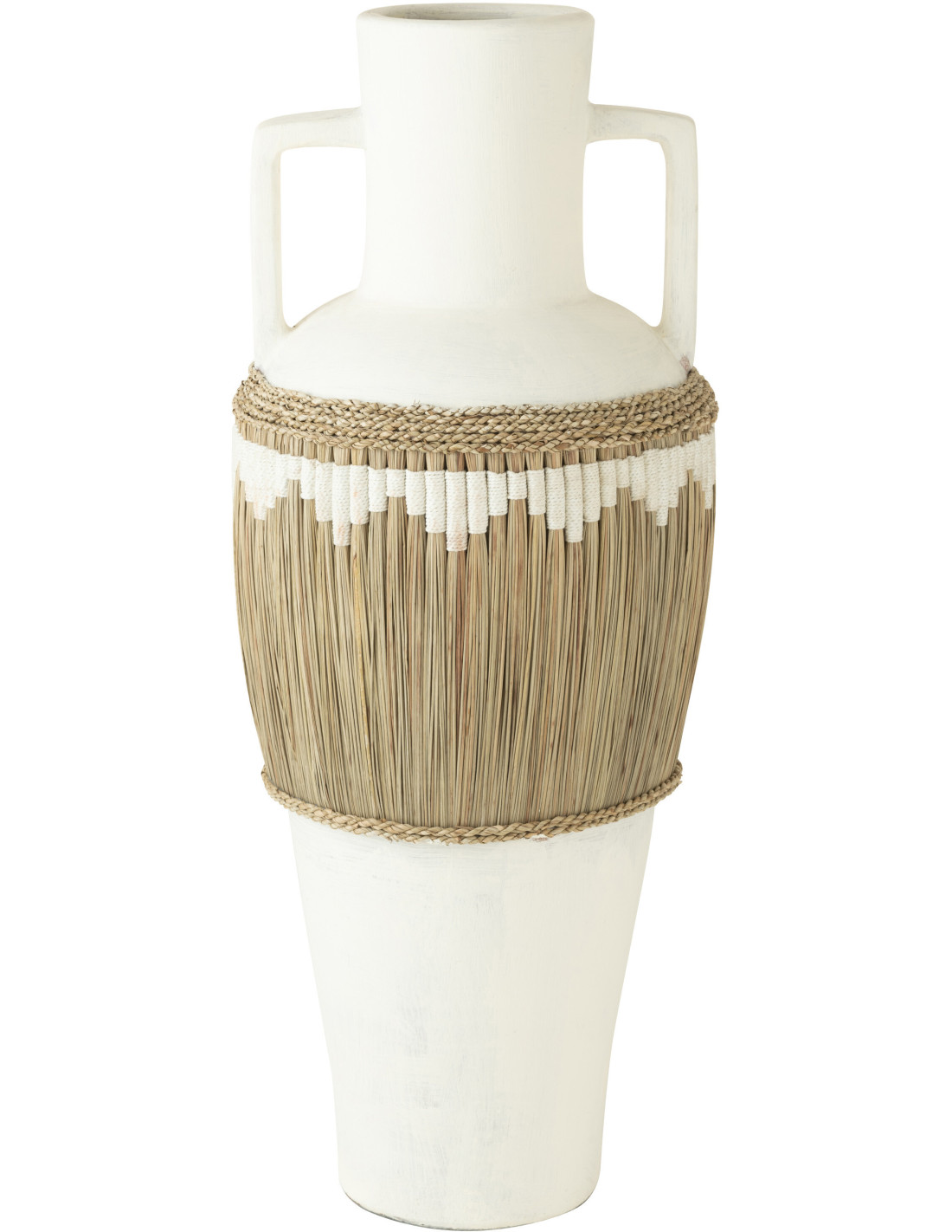 Vase Pugghie amphore XXL H100cm terre cuite blanc et herbe naturelle J-Line présence sculpturale maximale posée au sol pour un intérieur printanier