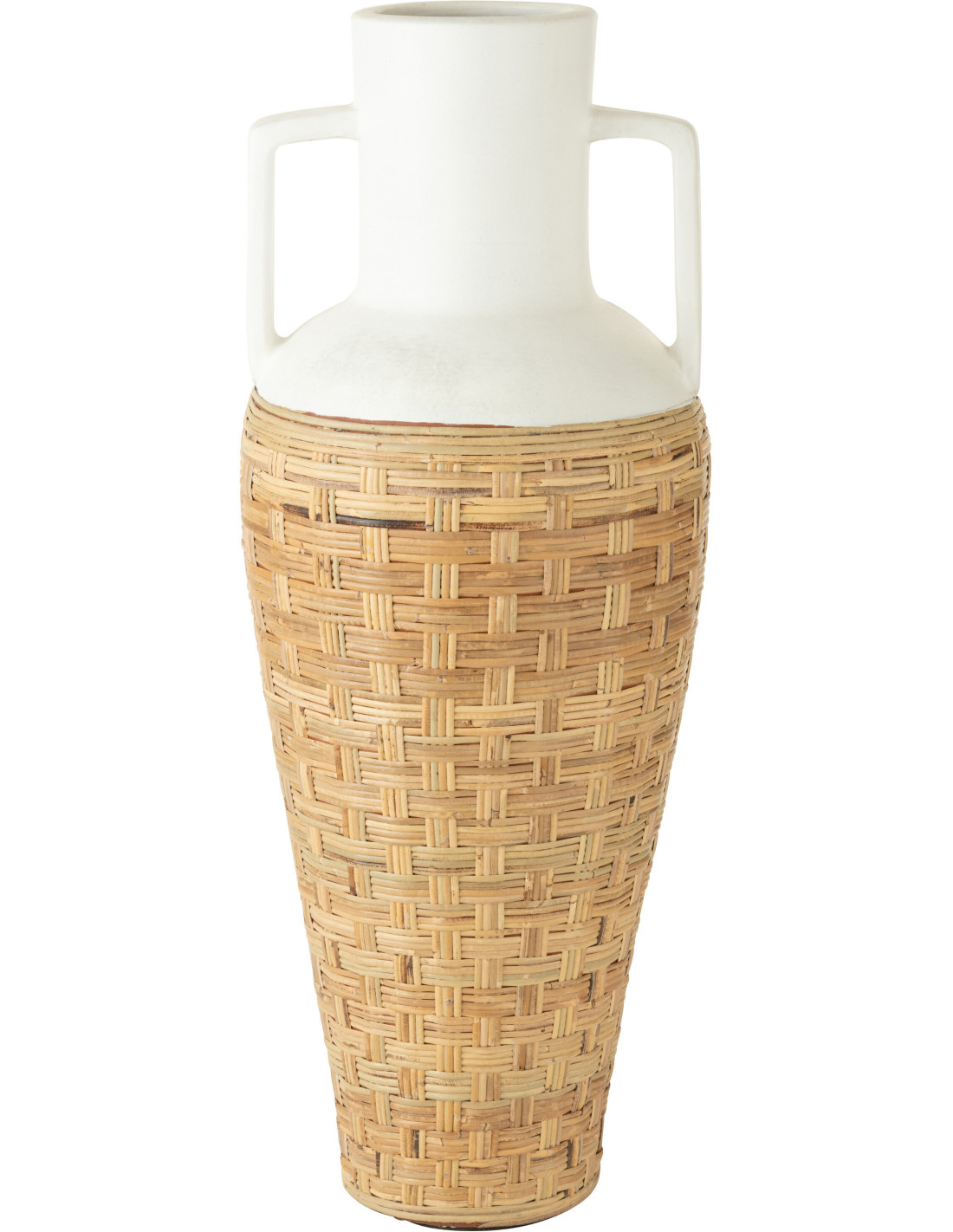 Vase amphore XXL Pugghie en terre cuite blanche et rotin naturel, hauteur 100 cm, au sol dans une entrée