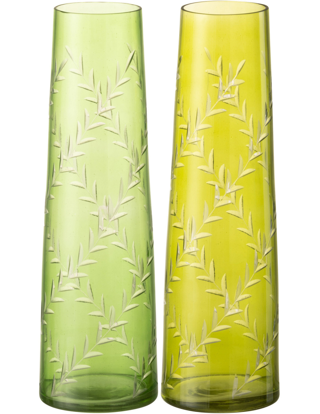 Vase Roman cylindrique H24cm verre vert motif feuilles, J-Line, lot de 2 verre teinté qui dit le printemps par sa couleur et son motif végétal