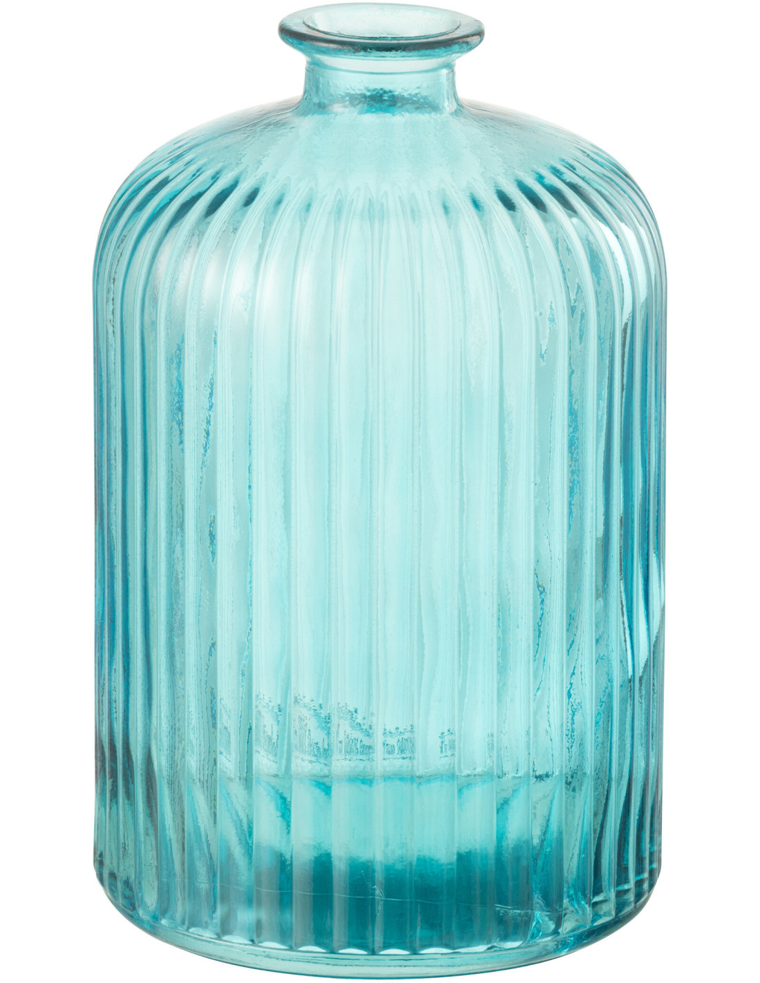 Vase bouteille Zyku H 23 cm en verre aqua beige motif cannelé, J-Line — col étroit idéal pour tiges printanières