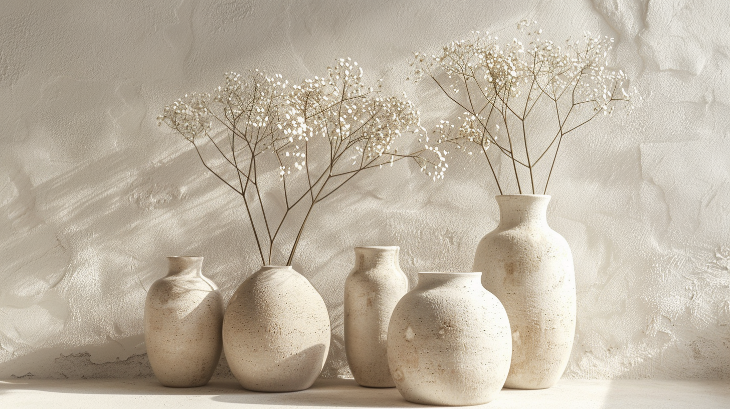 Vases en céramique artisanale et terres claires minérales aux textures mates et chaleureuses