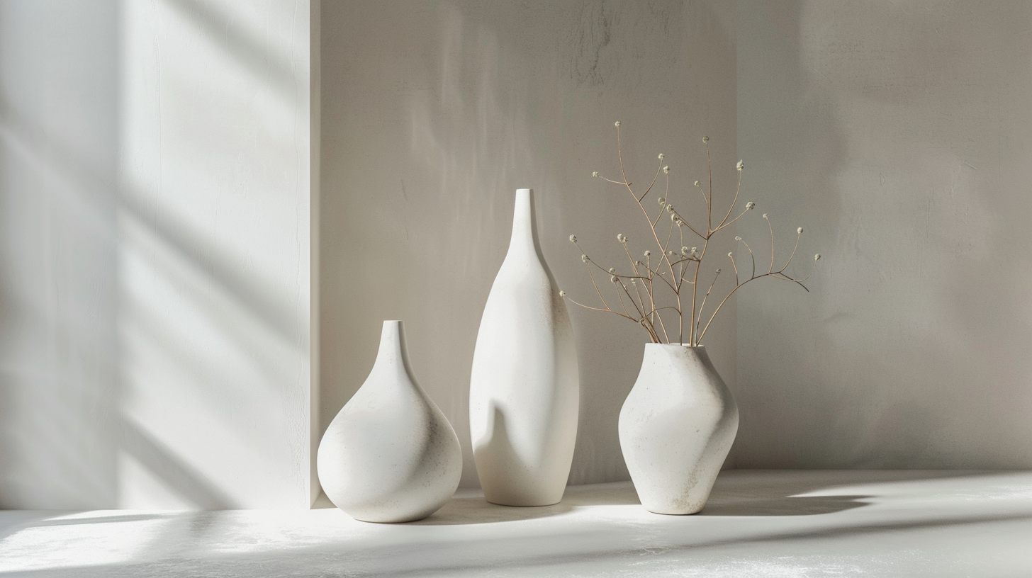 Vases sculpturaux aux silhouettes organiques et asymétriques dans un intérieur contemporain lumineux