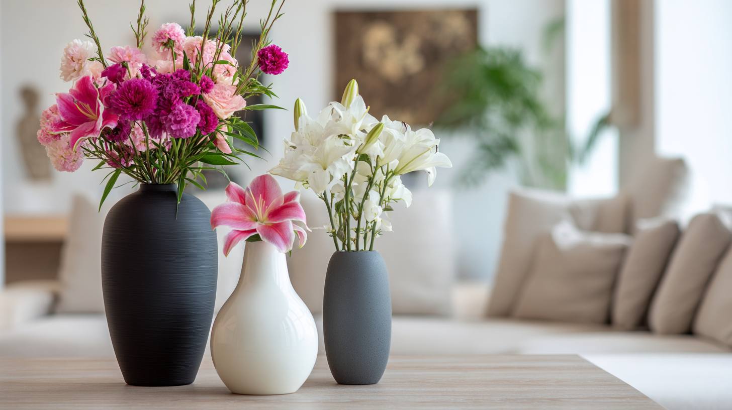 Vases à ouverture étroite et soliflores avec quelques tiges dans un intérieur épuré