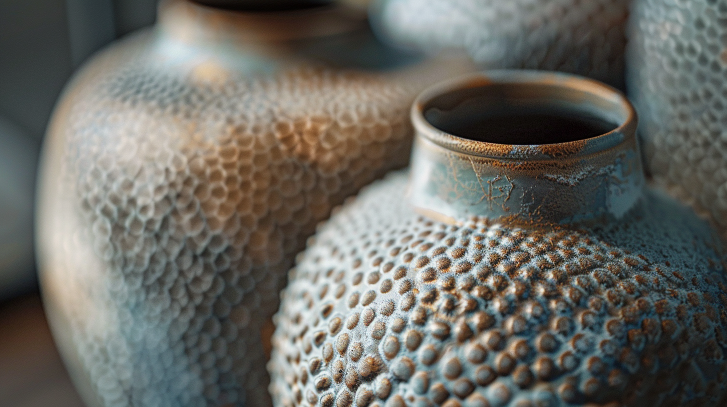 Vases aux textures micro-reliefs et surfaces travaillées captant la lumière en détail
