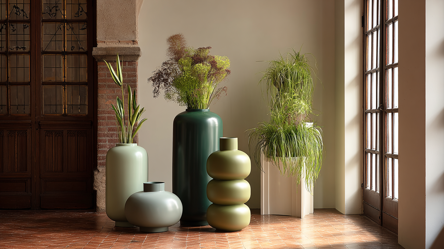 Vases totem aux volumes empilés et silhouettes verticales architecturales dans un intérieur design