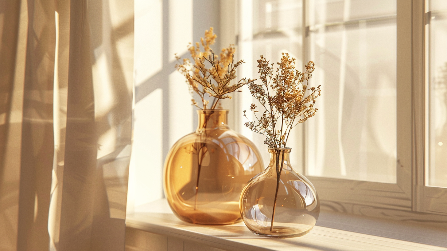 Vases en verre pigmenté fumé et ambré captant la lumière près d'une fenêtre