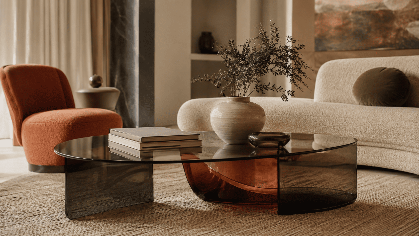 Table basse contemporaine avec verre fumé et verre ambré, vase céramique et livres d’art.