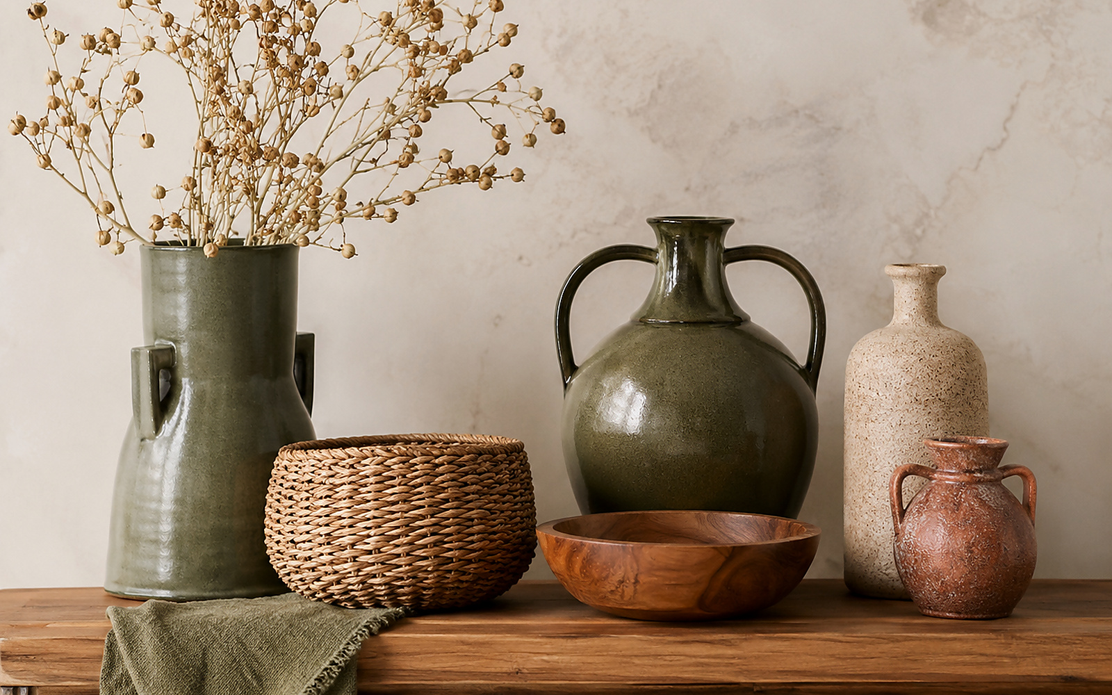 Vases olive, beige et terracotta associés au bois naturel, au grès et aux fibres végétales.