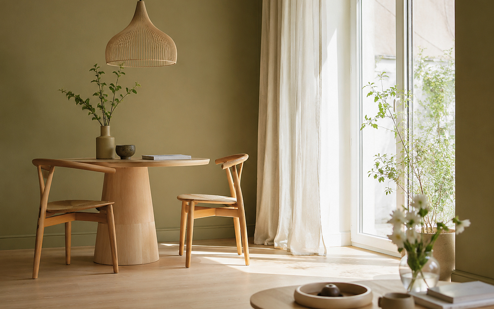 Coin repas lumineux avec mur vert olive doux, bois clair et textiles écrus.