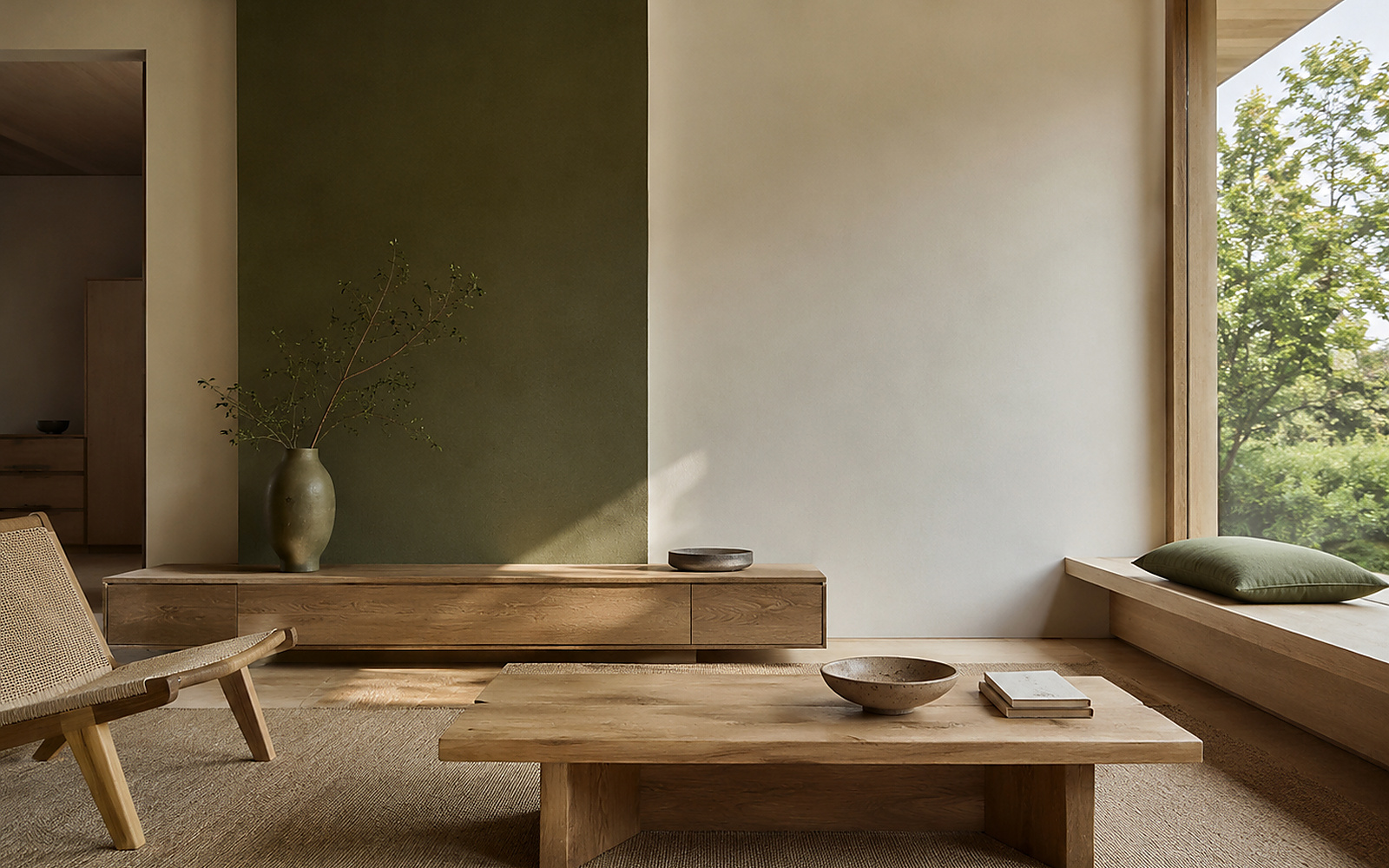 Salon Japandi avec bois clair, mur vert olive, mobilier bas et matières naturelles.