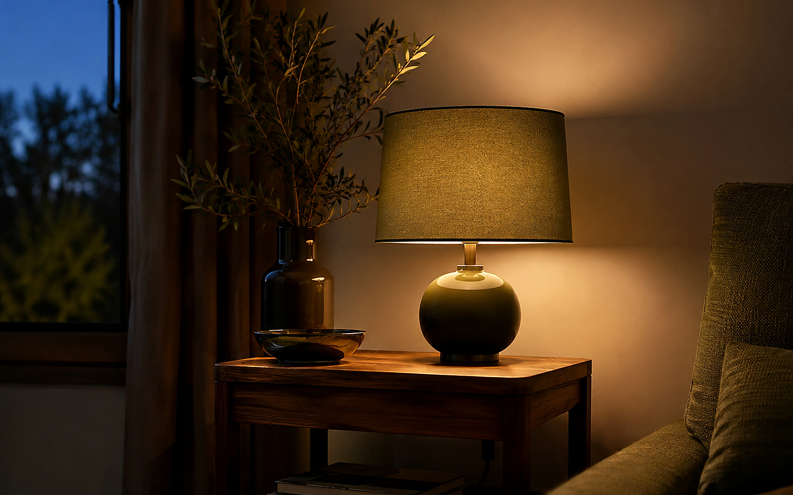 Lampe à poser vert olive sur meuble en bois, avec lumière chaude au crépuscule.