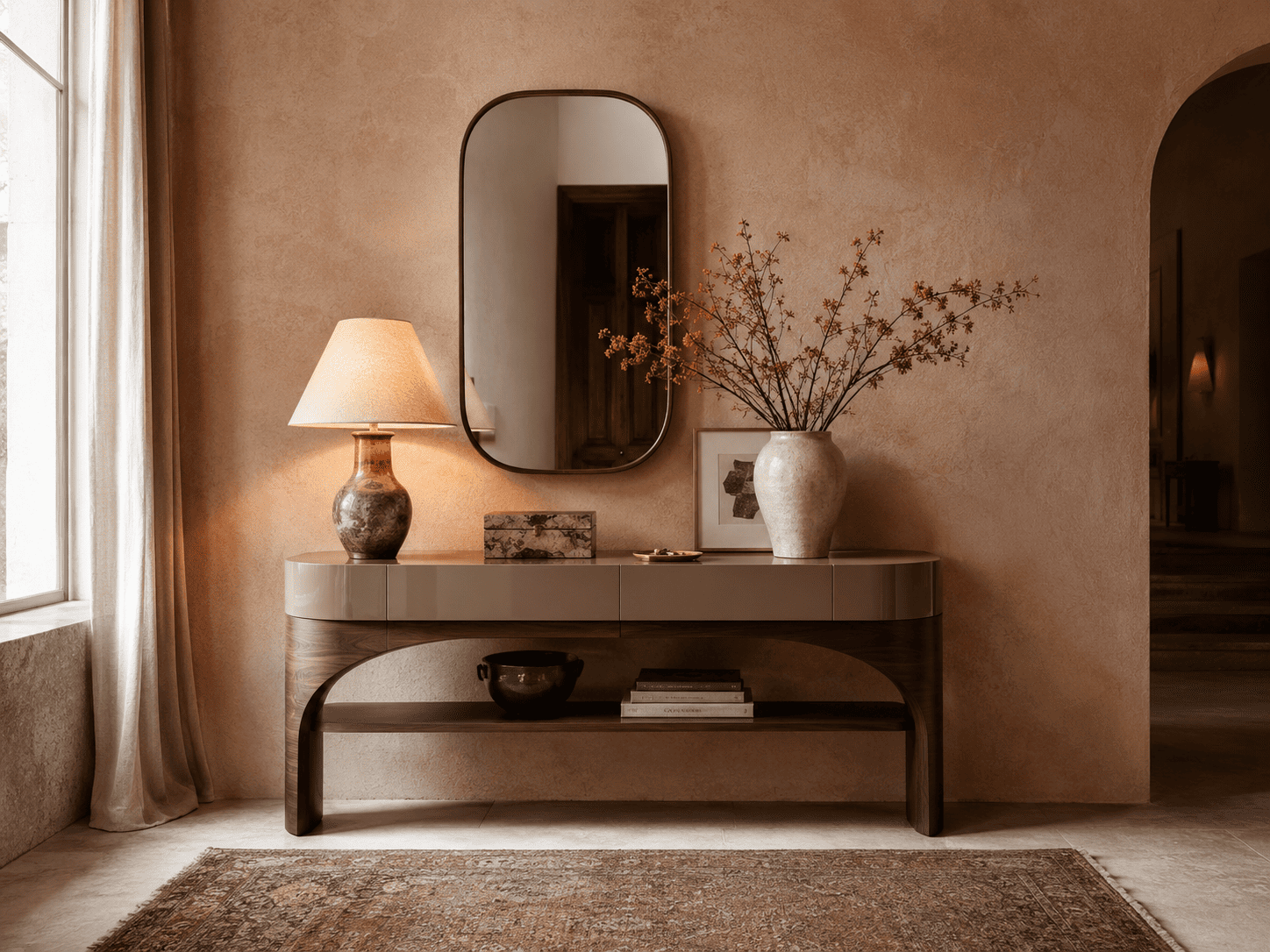 Console design pour habiller un mur vide et créer une entrée chaleureuse et fonctionnelle