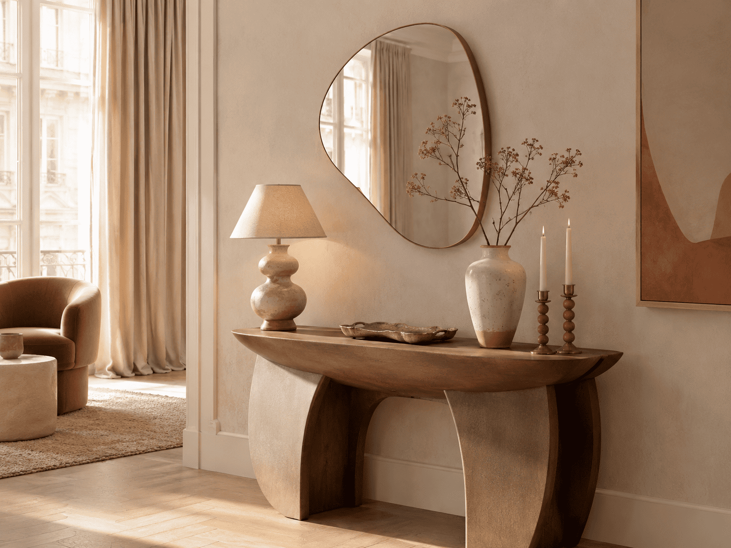Console décorée avec miroir, lampe, vase et bougeoirs pour composer une entrée élégante