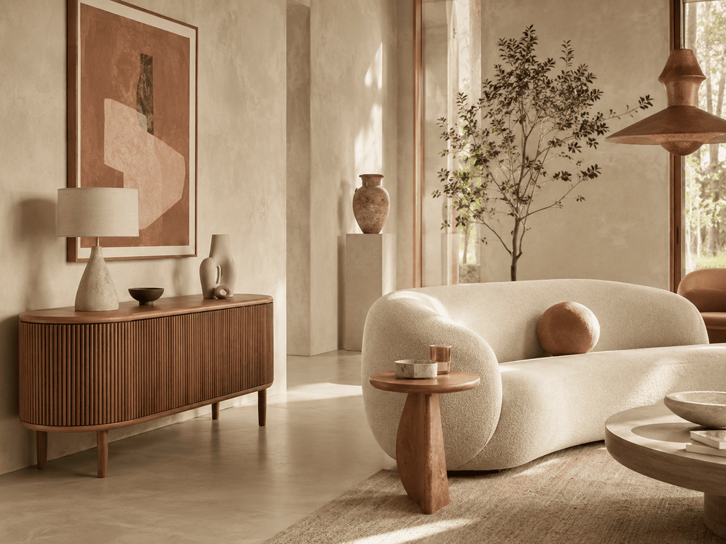 Console design dans un salon avec sellette et table d’appoint pour distinguer les meubles décoratifs