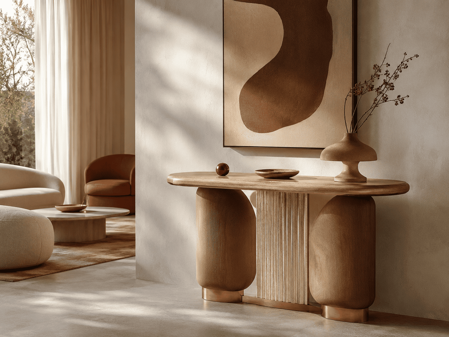 Console design singulière avec forme sculpturale dans un intérieur premium et chaleureux 2026