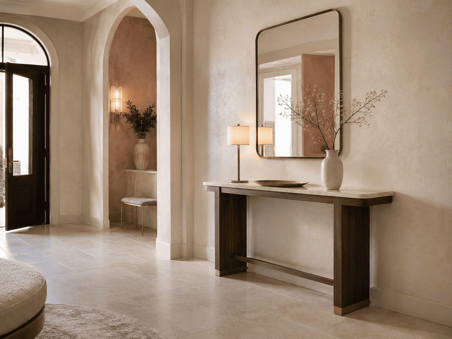 Console design avec miroir et lampe dans une entrée élégante pour guider le choix des dimensions et du style