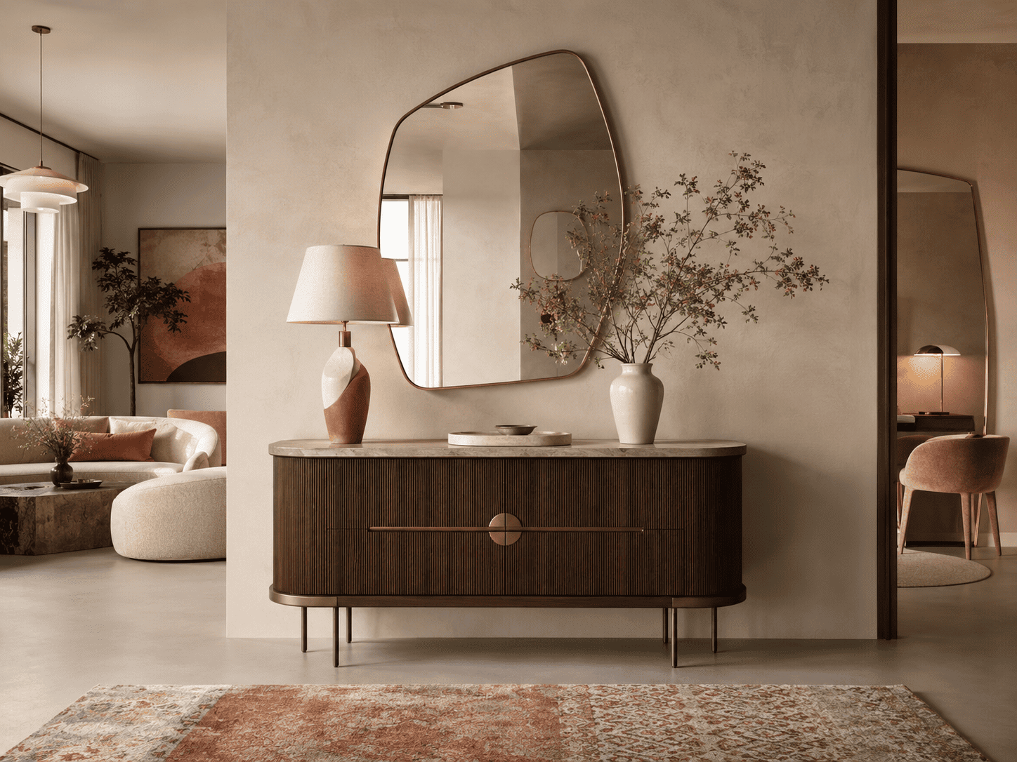 Ambiance intérieure avec console design pour aider à choisir entre entrée, salon et chambre